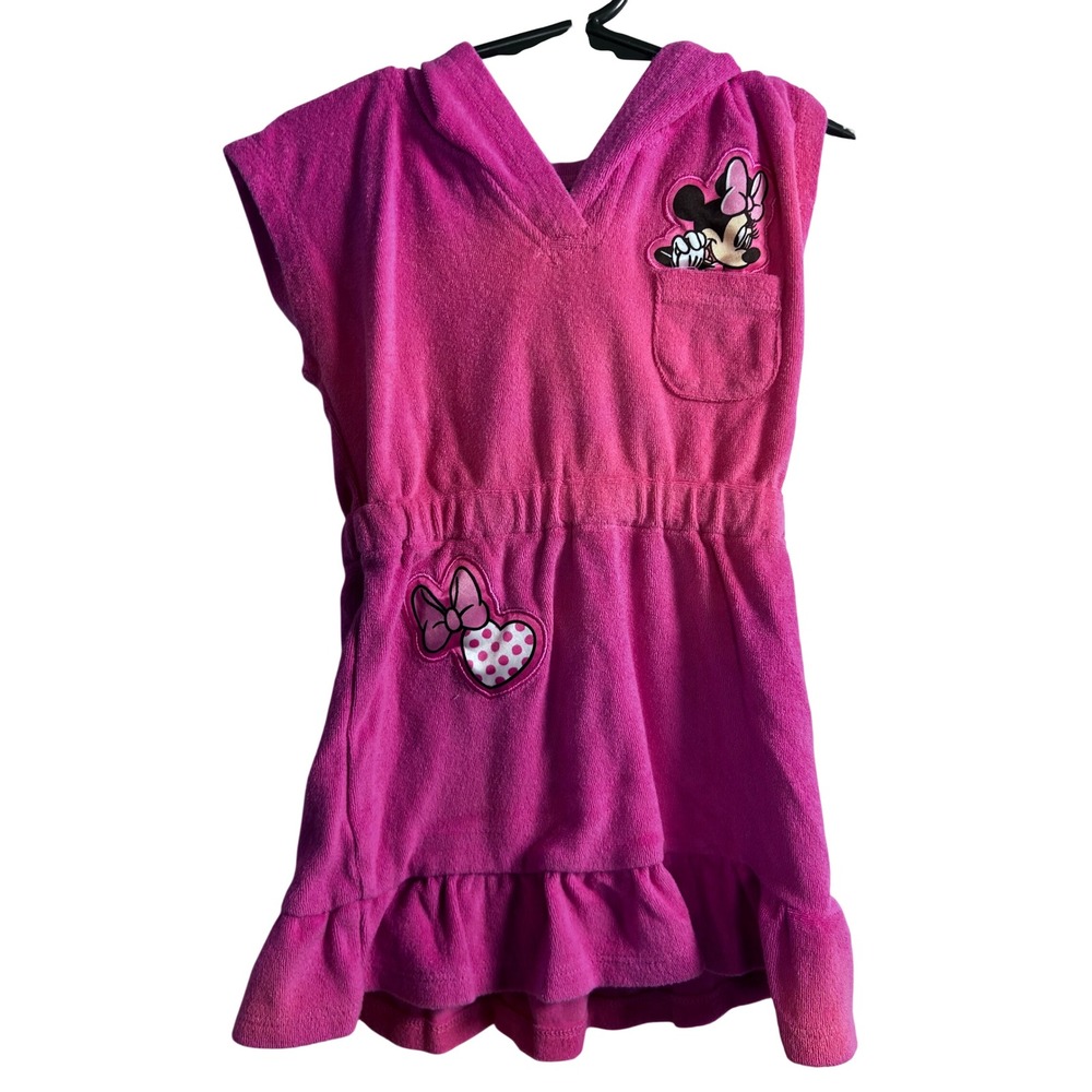 Disney Minnie Mouse Swim Cover Up 2T Pink Terry Cloth Hooded Dress Girls